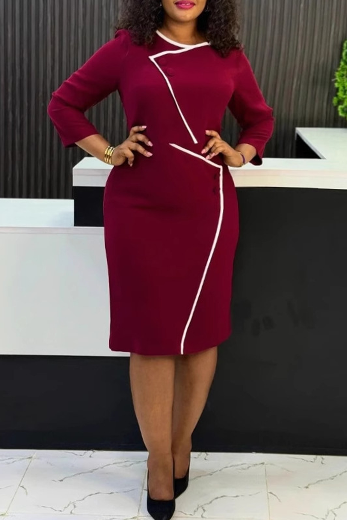 Elegant Buttons Contrast O Neck Wrapped Skirt Dresses