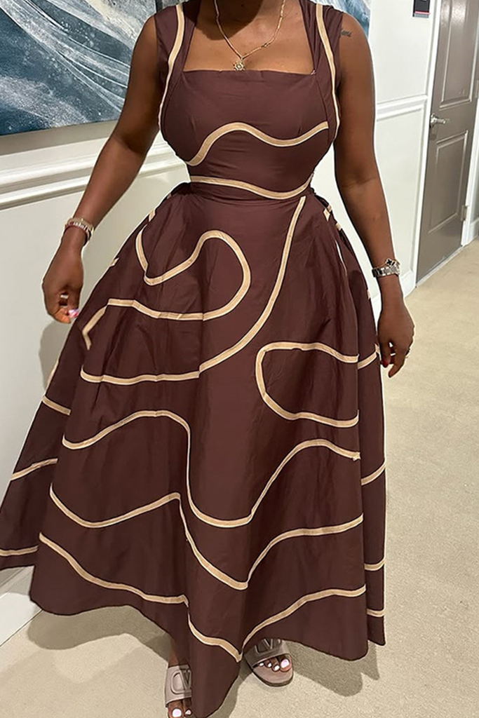 Casual Print Pocket Square Neck Long Dresses