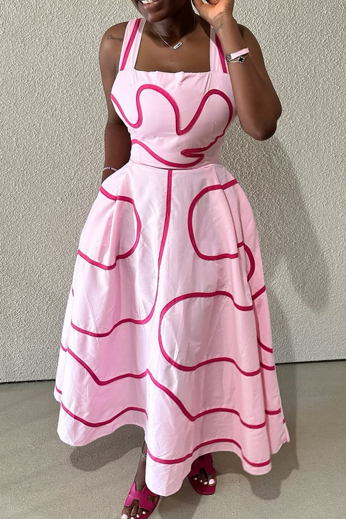 Casual Print Pocket Square Neck Long Dresses