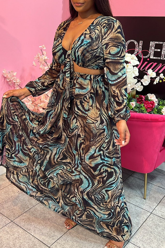 Elegant Print Strap Design V Neck Long Sleeve Two Pieces