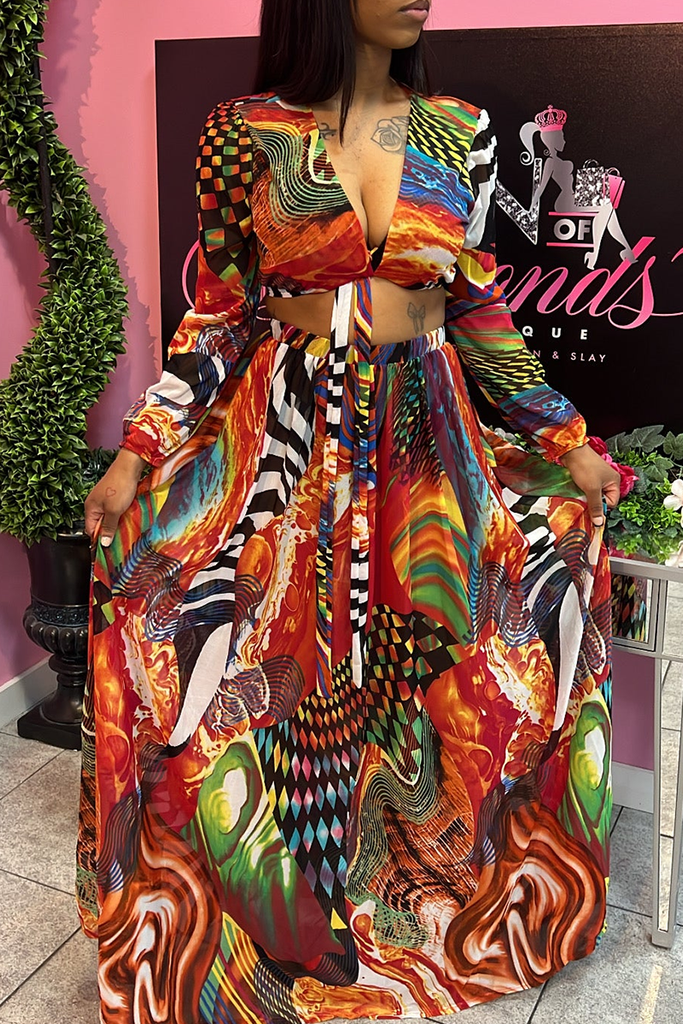 Elegant Print Strap Design V Neck Long Sleeve Two Pieces