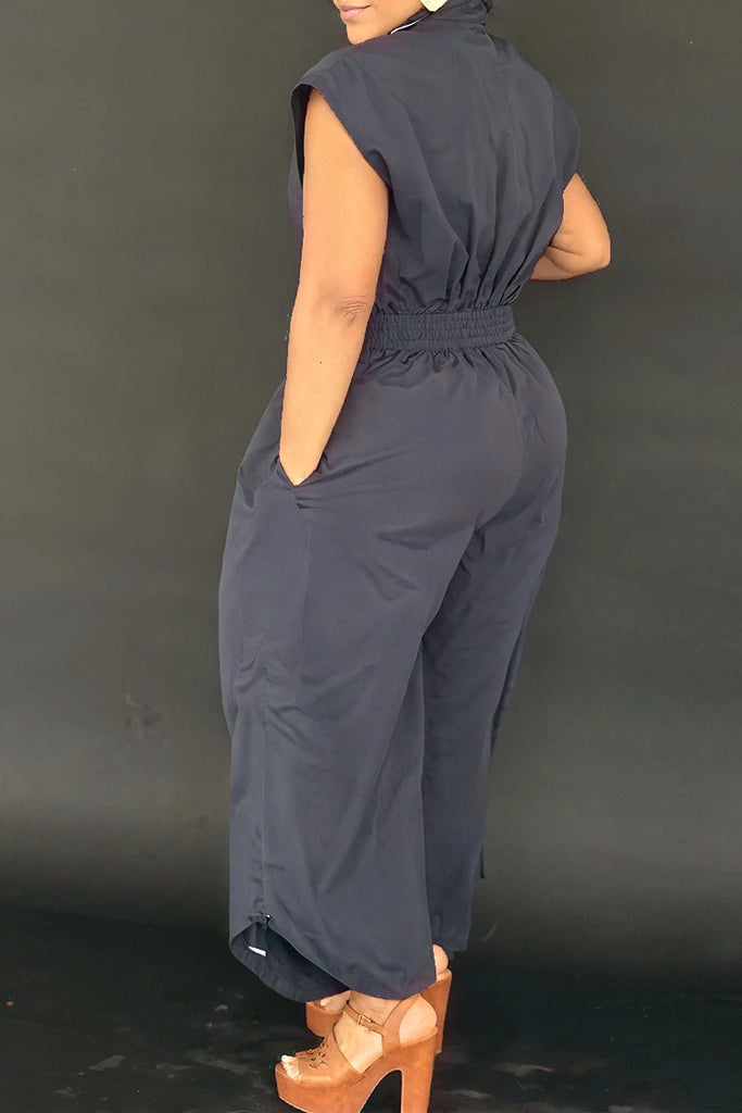 Casual Solid Color Pocket Buckle Turndown Collar Loose Jumpsuits
