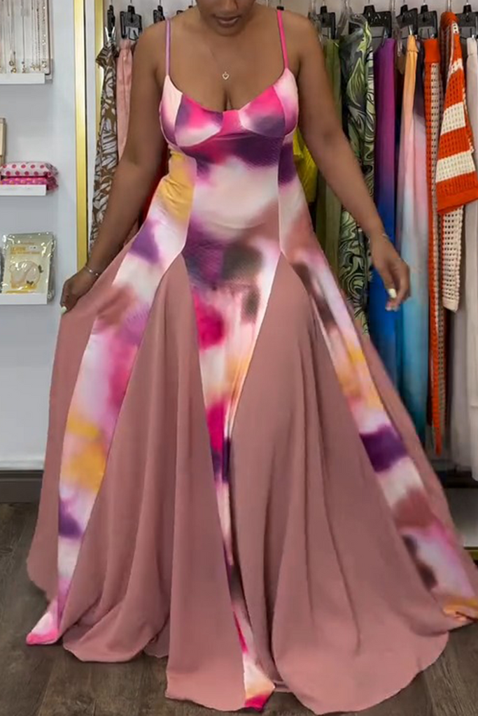 Vacation Print Patchwork Spaghetti Strap Long Dresses