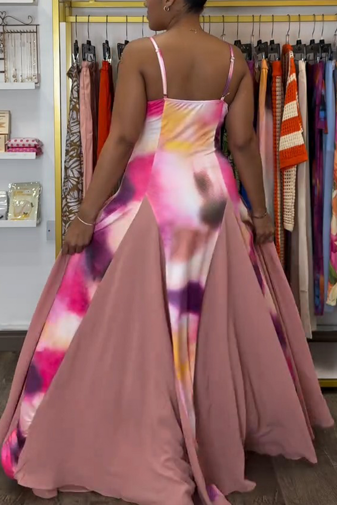 Vacation Print Patchwork Spaghetti Strap Long Dresses
