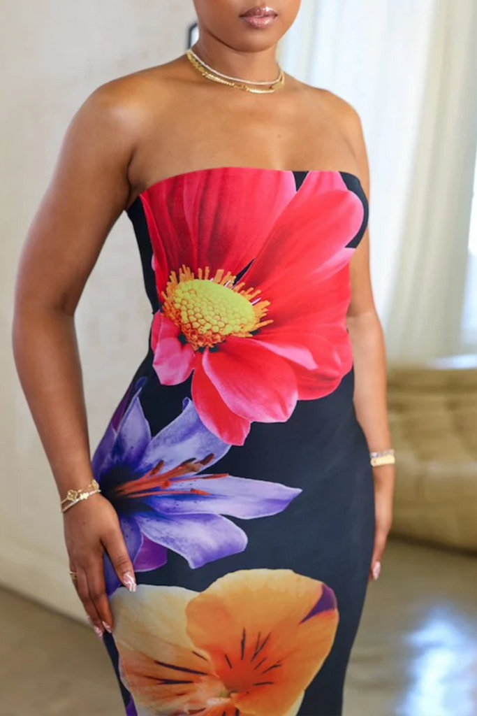 Sexy Elegant Print Basic Strapless Long Dresses