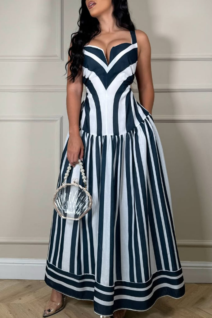 Casual Daily Striped Print Backless Spaghetti Strap Long Dresses