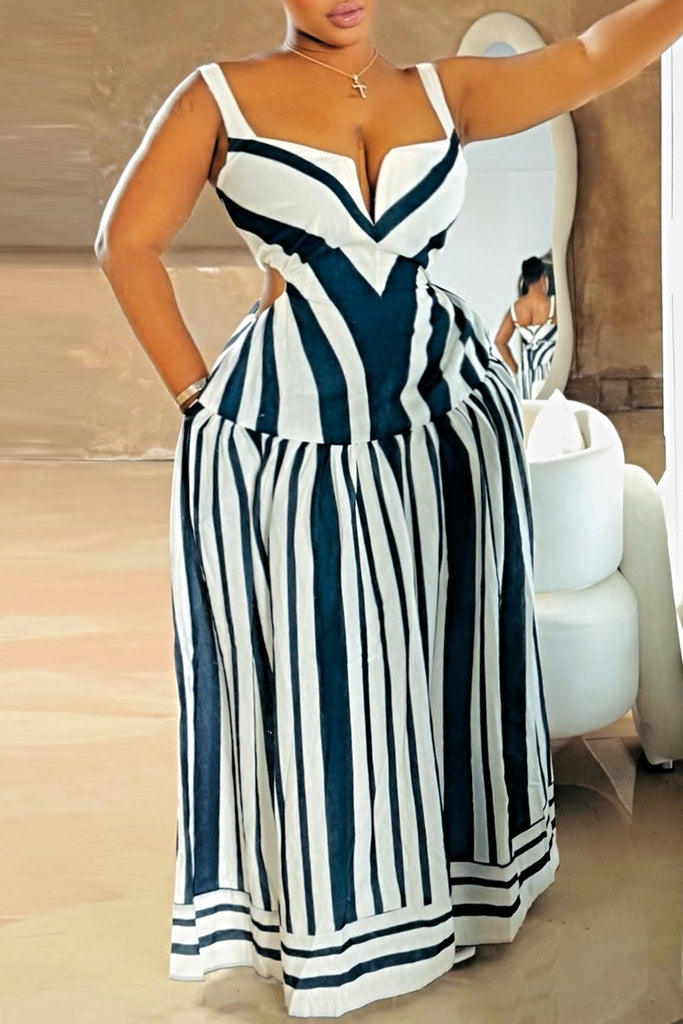 Casual Daily Striped Print Backless Spaghetti Strap Long Dresses