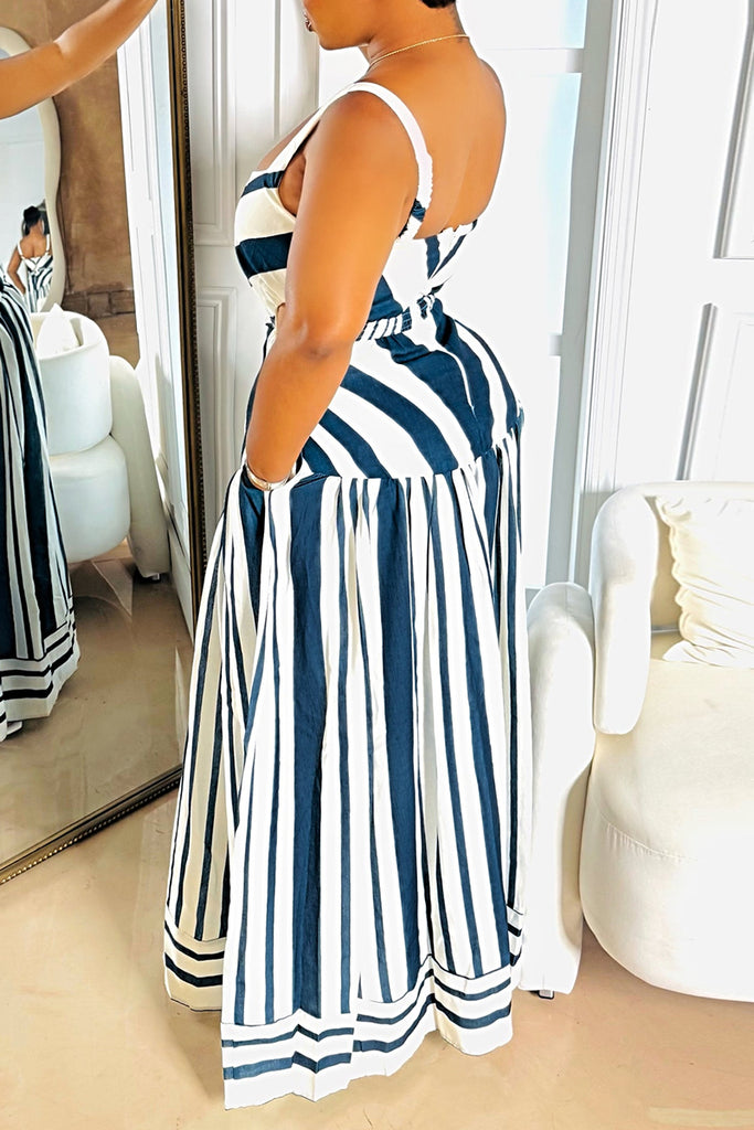 Casual Daily Striped Print Backless Spaghetti Strap Long Dresses