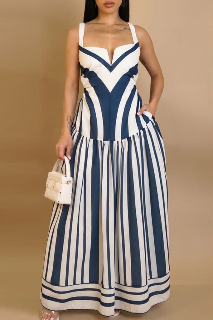 Casual Daily Striped Print Backless Spaghetti Strap Long Dresses