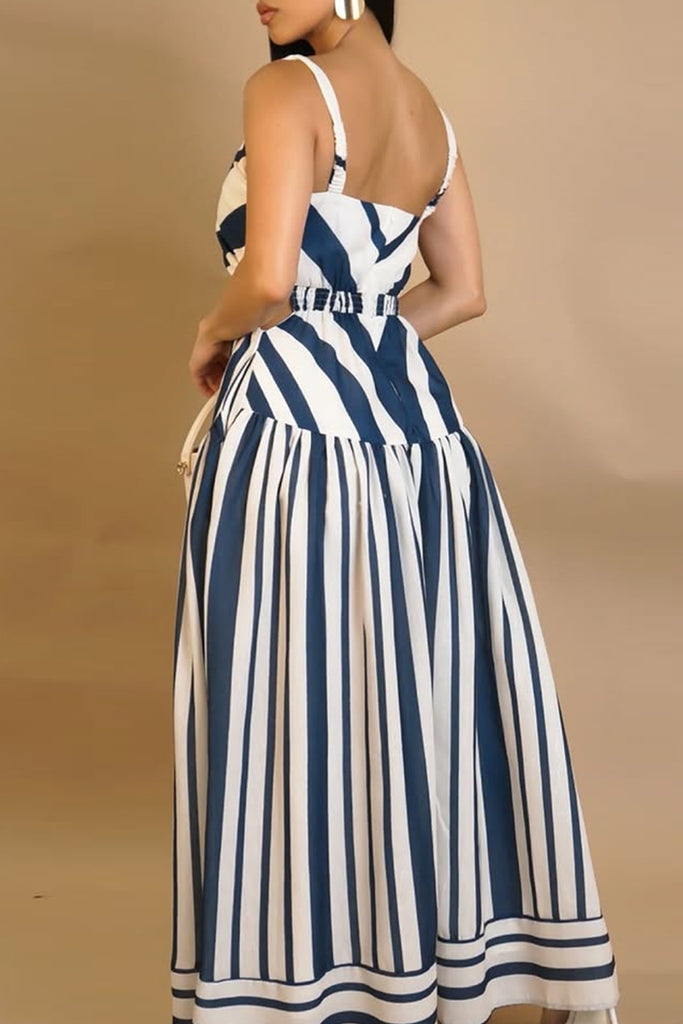 Casual Daily Striped Print Backless Spaghetti Strap Long Dresses