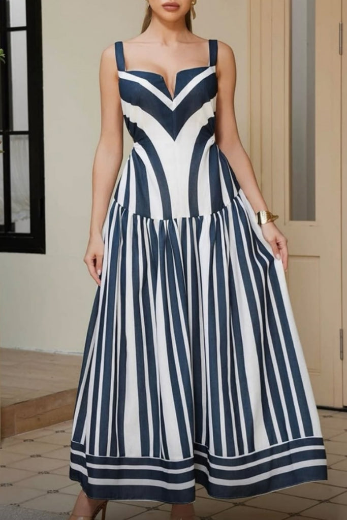 Casual Daily Striped Print Backless Spaghetti Strap Long Dresses