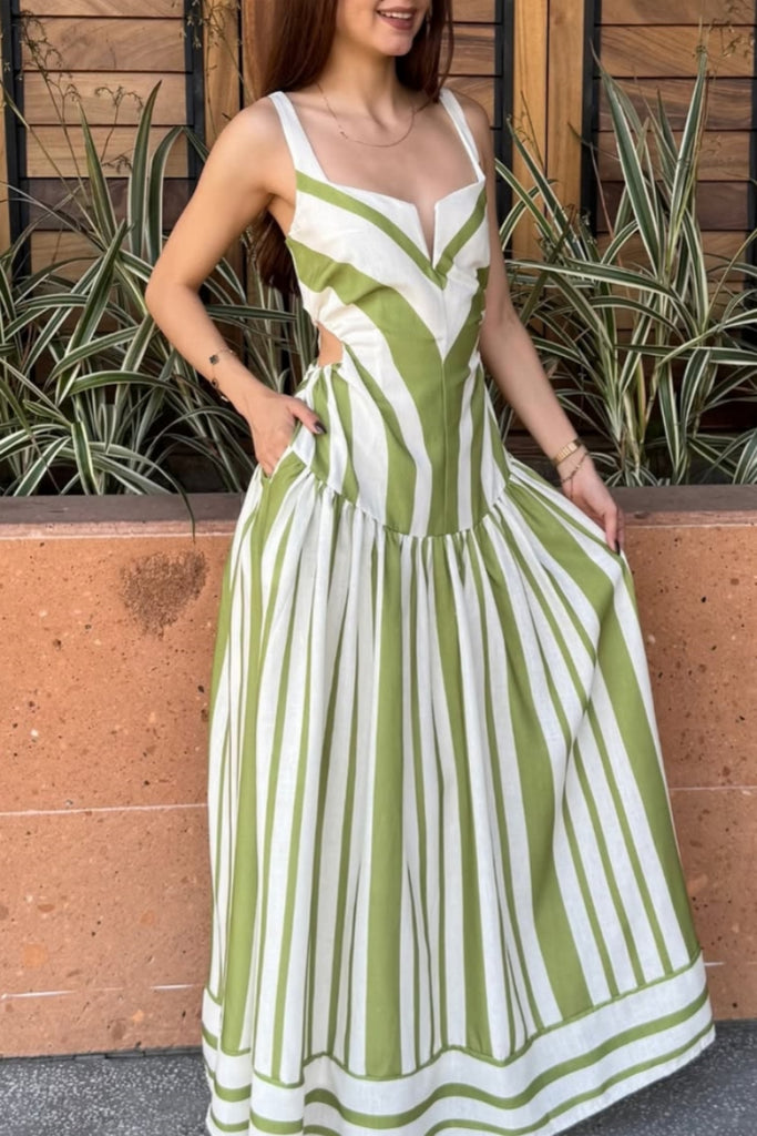 Casual Daily Striped Print Backless Spaghetti Strap Long Dresses