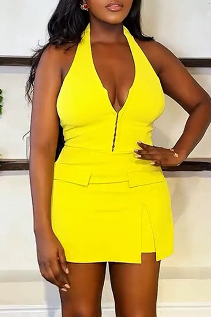 Sexy Solid Color Backless Halter Bodycon Romper