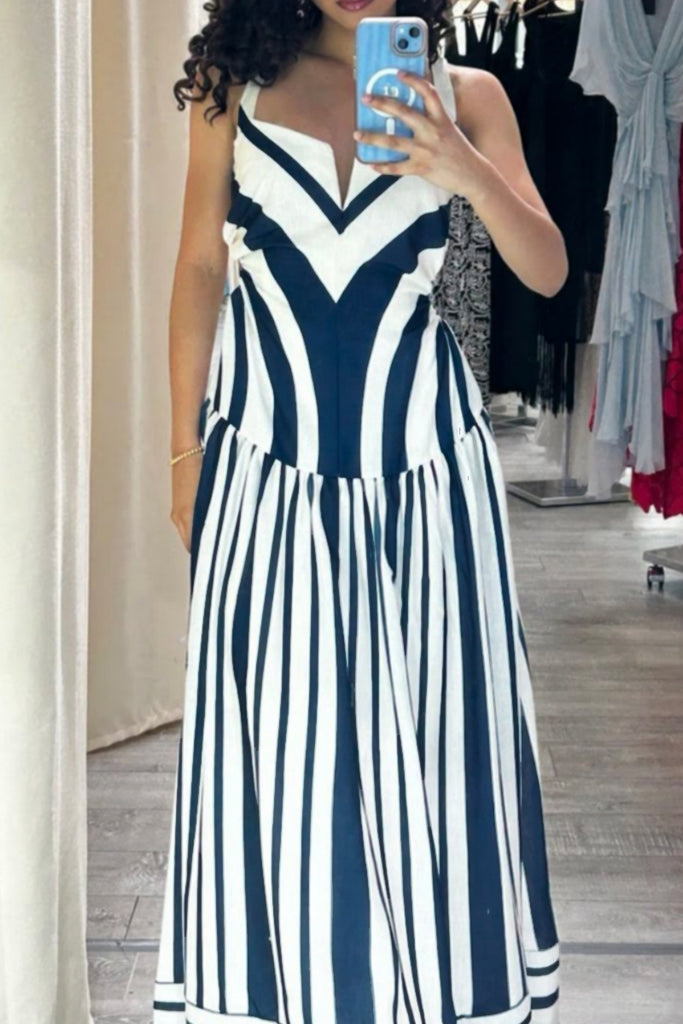 Casual Daily Striped Print Backless Spaghetti Strap Long Dresses