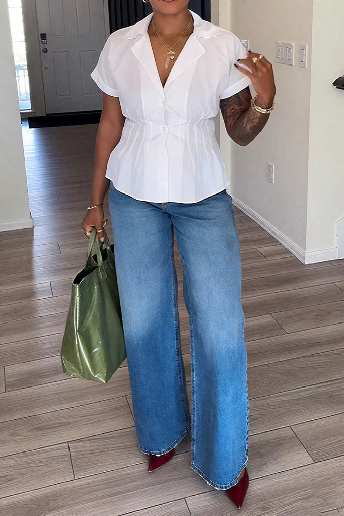 Casual Daily Solid Color Buttons Ruched Shirt Collar Tops