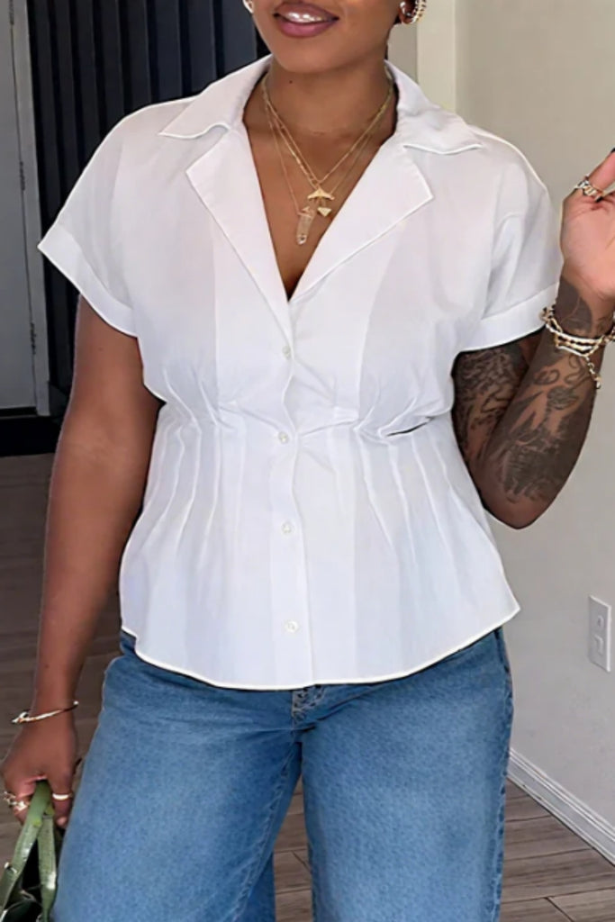Casual Daily Solid Color Buttons Ruched Shirt Collar Tops