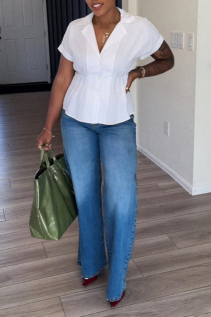Casual Daily Solid Color Buttons Ruched Shirt Collar Tops
