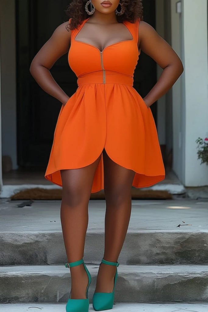 Sexy Solid Color Zipper Square Neck Sleeveless Dresses