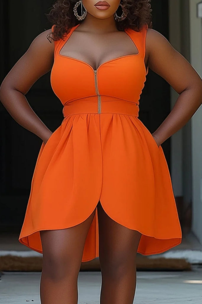 Sexy Solid Color Zipper Square Neck Sleeveless Dresses