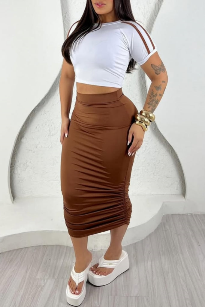 Casual Daily Patchwork Ruched O Neck Short Sleeve Two Pieces