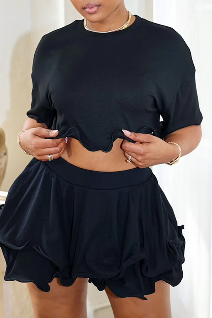 Casual Daily Solid Color Patchwork O Neck Short Sleeve Two Pieces
