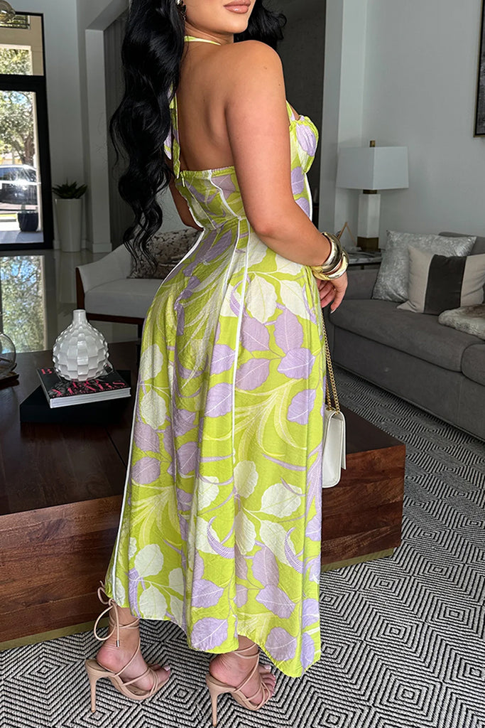 Sexy Casual Print Backless Belted Halter Long Dresses