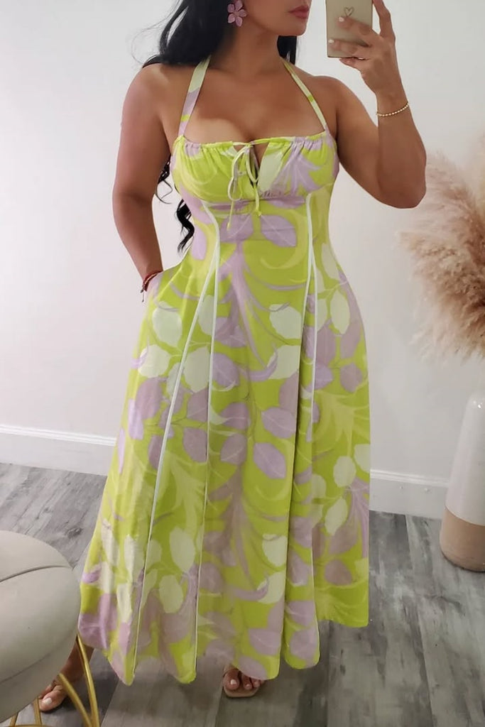 Sexy Casual Print Backless Belted Halter Long Dresses