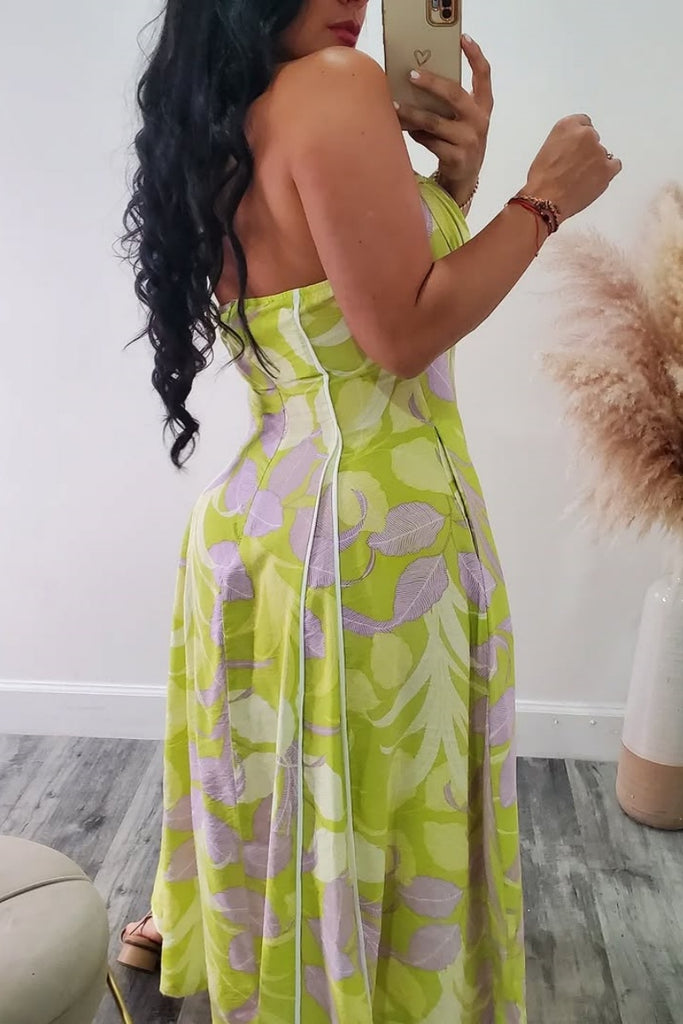 Sexy Casual Print Backless Belted Halter Long Dresses