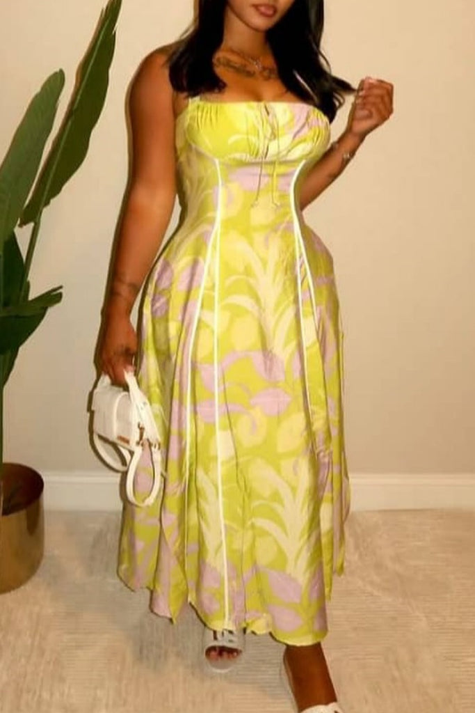 Sexy Casual Print Backless Belted Halter Long Dresses