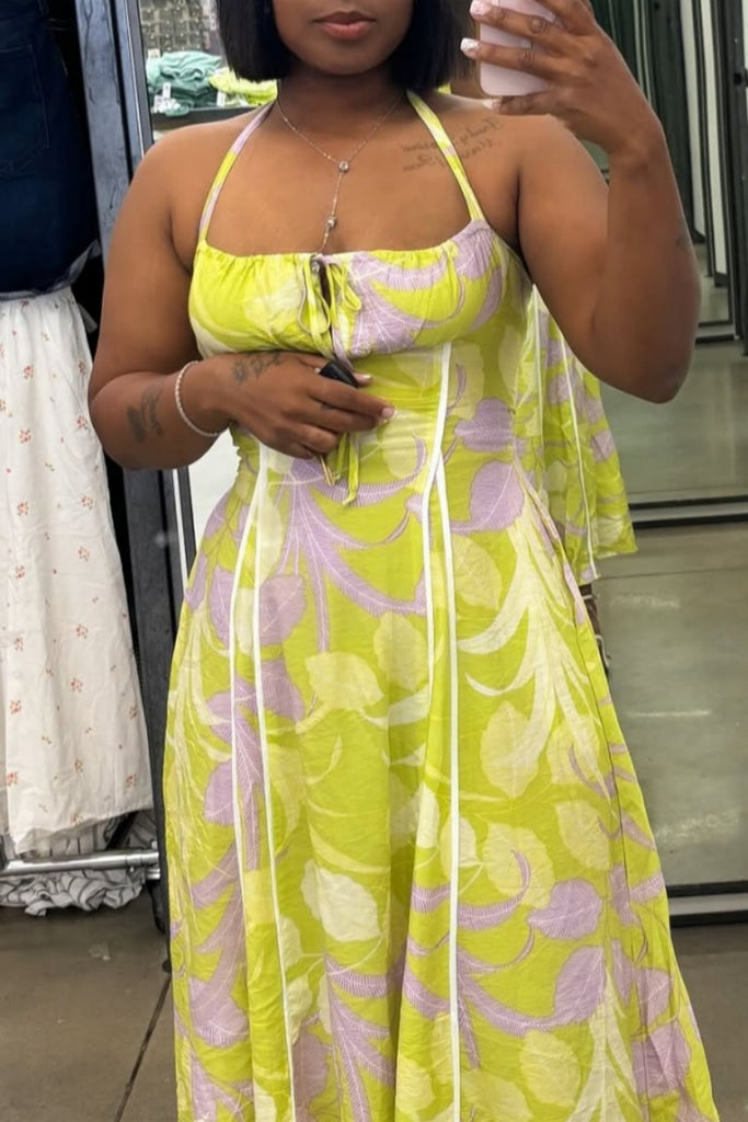 Sexy Casual Print Backless Belted Halter Long Dresses