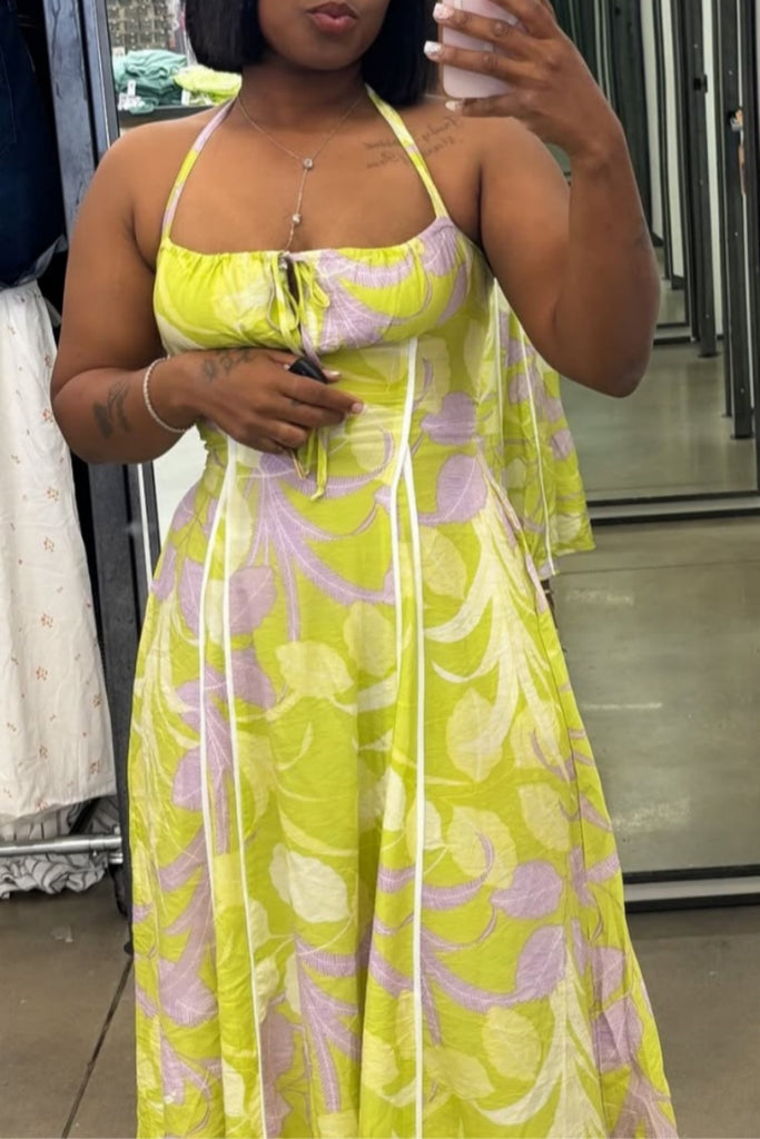Sexy Casual Print Backless Belted Halter Long Dresses