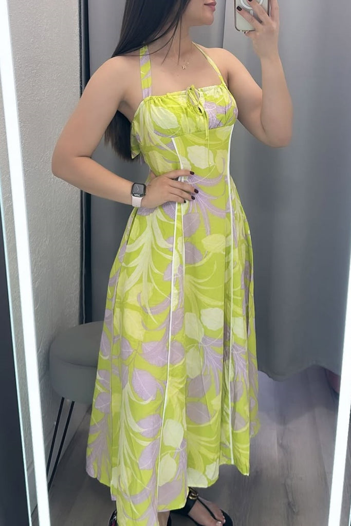Sexy Casual Print Backless Belted Halter Long Dresses