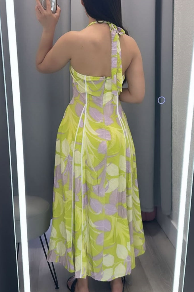 Sexy Casual Print Backless Belted Halter Long Dresses