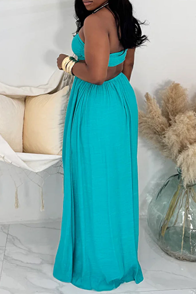Sexy Vacation Solid Color Backless Halter Long Dresses