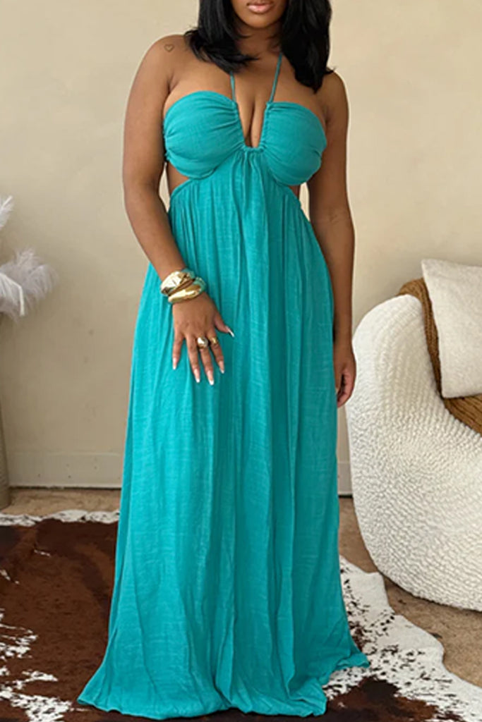 Sexy Vacation Solid Color Backless Halter Long Dresses