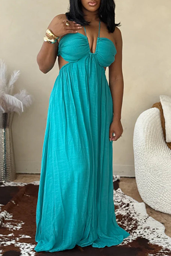 Sexy Vacation Solid Color Backless Halter Long Dresses