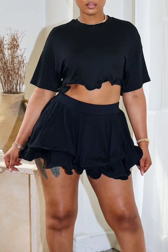 Casual Daily Solid Color Patchwork O Neck Short Sleeve Two Pieces