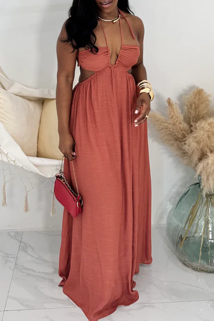 Sexy Vacation Solid Color Backless Halter Long Dresses