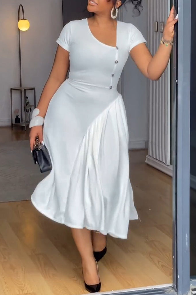 Casual Daily Solid Color Zipper Asymmetrical Collar Short Sleeve Dresses
