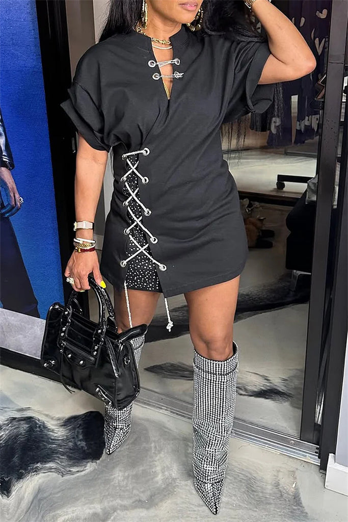 Casual Street Daily Solid Color Patchwork V Neck Short Sleeve Dresses