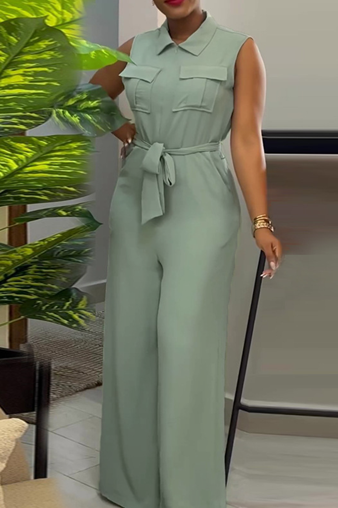 Casual Solid Color Pocket Strap Design Turndown Collar Loose Jumpsuits