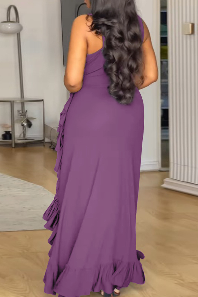 Sexy Solid Color Strap Design Ruffled Trim V Neck Long Plus Size Dresses