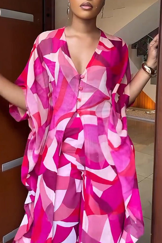 Casual Daily Print Buttons Slit V Neck Half Sleeve Two Pieces