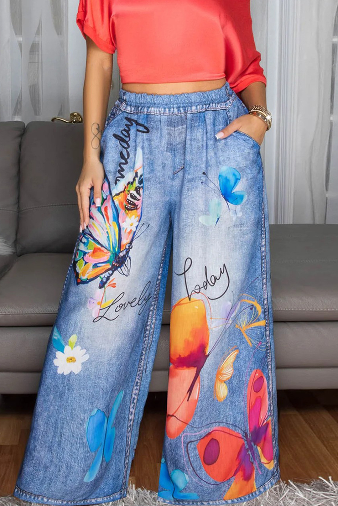 Casual Print Pocket Loose Denim Jeans
