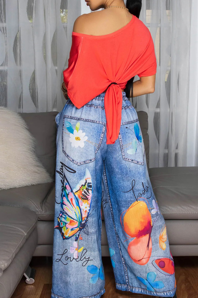 Casual Print Pocket Loose Denim Jeans