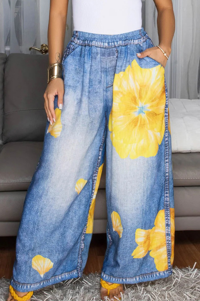 Casual Print Pocket Loose Denim Jeans