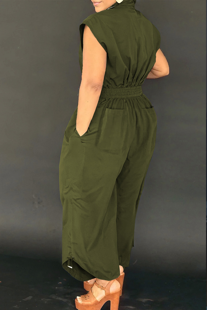 Casual Solid Color Pocket Buckle Turndown Collar Loose Jumpsuits