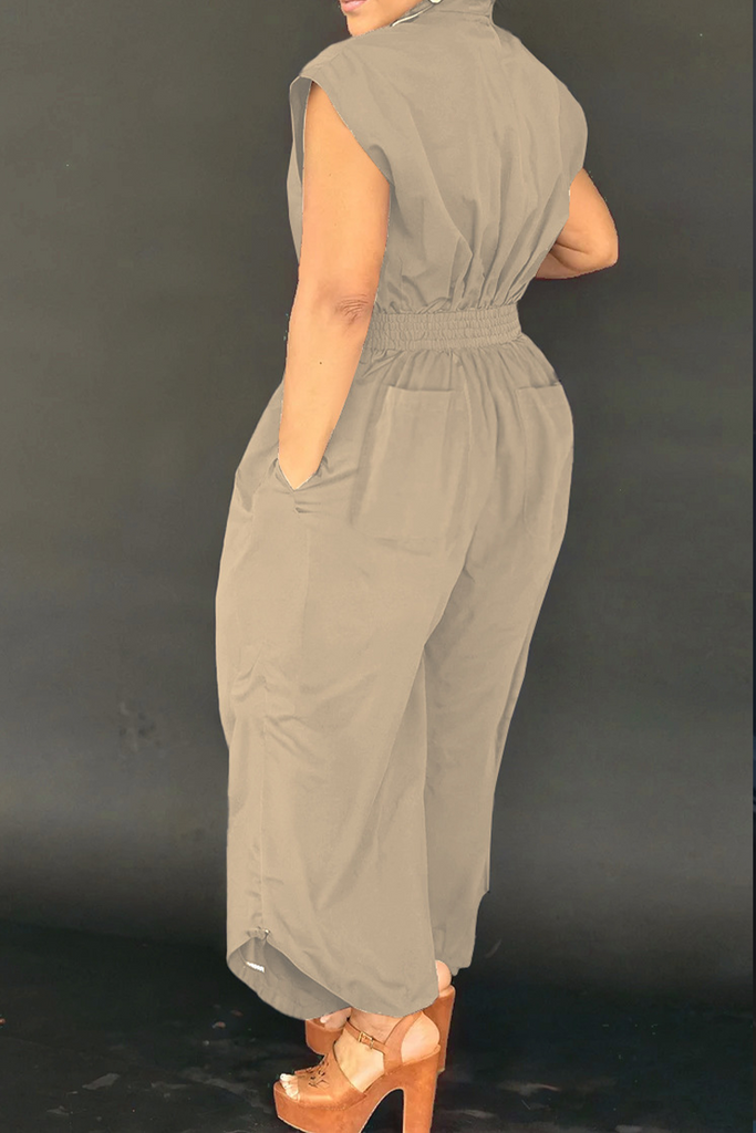 Casual Solid Color Pocket Buckle Turndown Collar Loose Jumpsuits