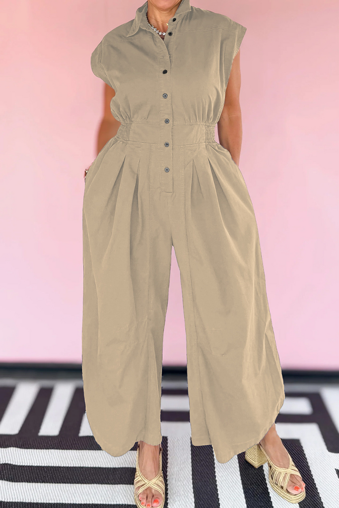 Casual Solid Color Pocket Buckle Turndown Collar Loose Jumpsuits