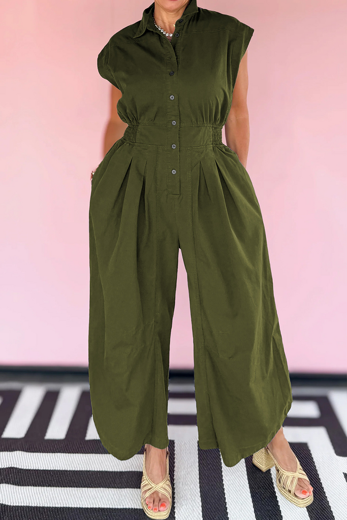 Casual Solid Color Pocket Buckle Turndown Collar Loose Jumpsuits